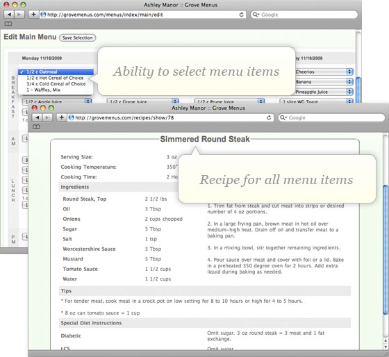 Recipe and Menu Item Selection