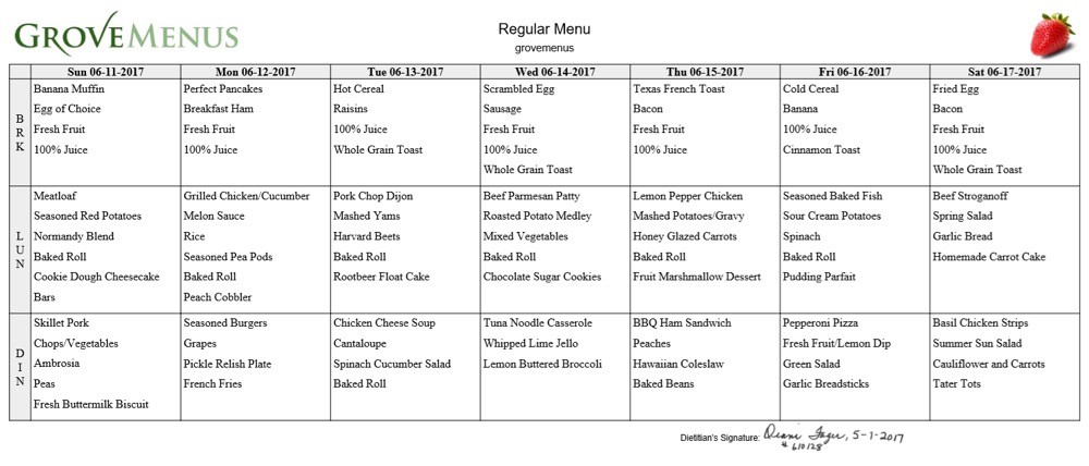 assisted living menu sample